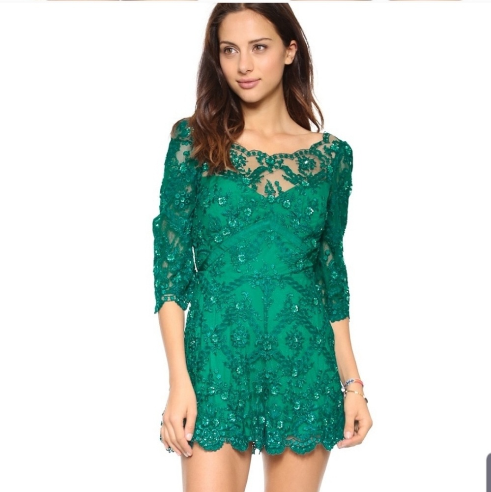 Free People Songbird Emerald Lace Romper 2